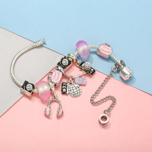 S925 silver DIY travel bracelet with pink glass beads camera and suitcase charms