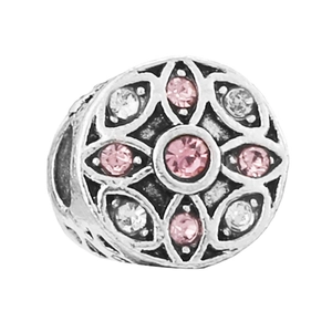 Floral silver mandala charm with pink and clear cubic zirconia stones for DIY bracelet