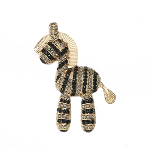 Zebra brooch pin with gold alloy and sparkling black and white rhinestones