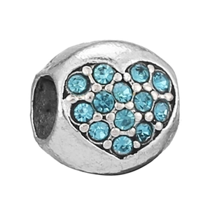 Silver heart-shaped charm bead with light blue crystals for DIY jewelry making