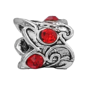 Antique silver heart charm bead with red crystal stones for DIY jewelry making