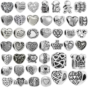 Luxury Alloy Heart Star Large Hole Charm Beads Silver Plated DIY Beaded Bracelet Accessories For Women Jewelry Making