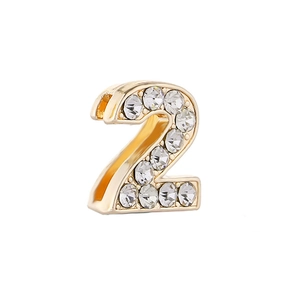 Sparkling gold-plated number 2 charm with white crystal rhinestones for DIY bracelets