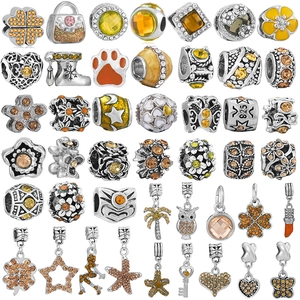Luxury Alloy Yellow Rhinestone Beads Charms Owl Coconut Tree Heart Animal Flower Patterns DIY Jewelry Making Accessories