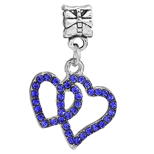 Ciondolo a doppio cuore con strass blu in lega d'argento per bracciali gioielli DIY