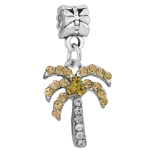 Silver coconut tree charm pendant with yellow and white rhinestones for DIY jewelry