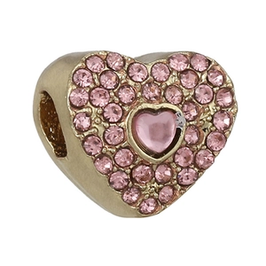 Pink rhinestone heart charm bead in gold finish for DIY bracelet making and jewelry design