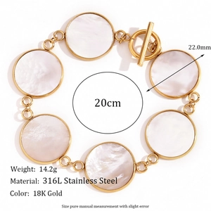 18K gold plated stainless steel OT clasp bracelet with circular mother of pearl charms