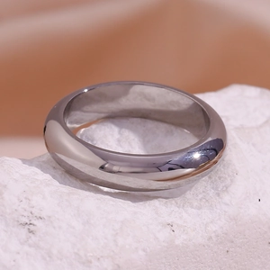 Detailed close-up of a polished silver stainless steel band ring on a stone base
