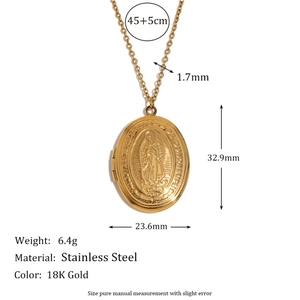 18K Gold Plated Stainless Steel Oval Locket Necklace with Virgin Mary Relief Pendant