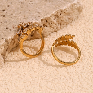 Anillo Abierto de Hoja de Acero Inoxidable Chapado en Oro de 18K para Mujer Rama de Diamantes de Imitación Marquise Joyería Ajustable