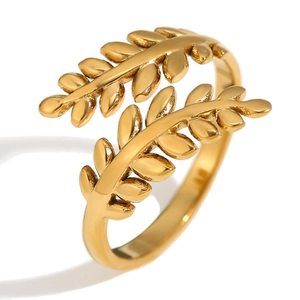 Anillo de acero inoxidable chapado en oro de 18K con diseño de rama de hojas de olivo doble