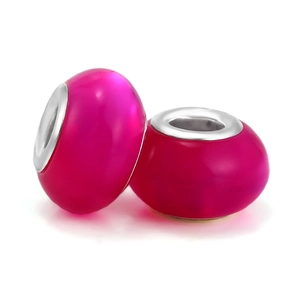 Pair of rose red glass beads with silver metal cores for DIY charm bracelets