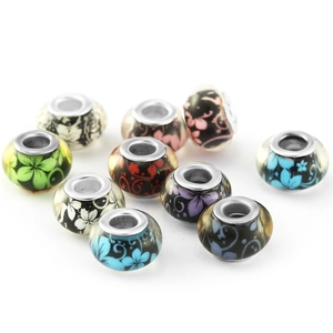 Polished glass large hole beads with floral patterns for DIY charm bracelets