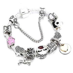 Damen Herz Charm Armband Legierung DIY Schlangenkette Emaille Perlen Strass Herz Schloss Schlüssel Anhänger Mode Schmuck