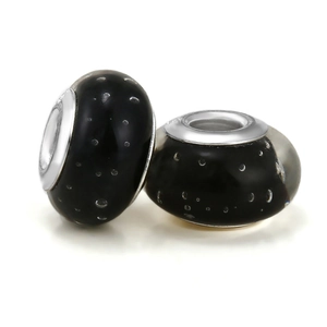 Cuentas de vidrio negro con puntos blancos y núcleo de plata para pulseras DIY