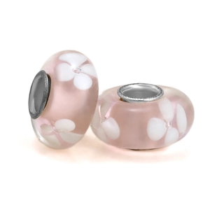 Pink glass charm beads with white flower patterns and silver metal core for DIY bracelets