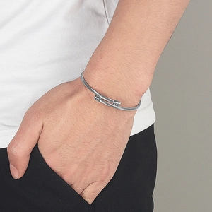 Minimalist silver men's twisted cable open cuff bracelet in titanium steel
