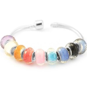 S925 sterling silver snake chain bracelet with nine colorful faceted glass charm beads