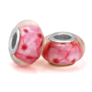 Pink resin large hole beads with red flower patterns and silver metal core for DIY bracelets