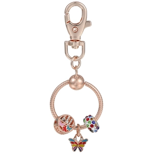 Rose gold beaded keychain with colorful butterfly charms and sparkling zircon accents