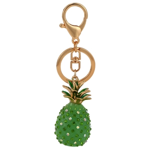 Sparkling crystal pineapple keychain with green rhinestones and gold-plated metal hardware