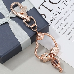 Rose gold camera and hot air balloon charms on a heart-shaped snake chain keychain