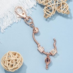 Rose gold camera and hot air balloon charms on a snake chain keychain accessory