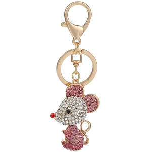 Porte-clés Souris en Alliage de Strass Mignon Plaqué Or Breloque de Sac Animal Rose Blanc Cristal Pendentif de Voiture pour Femmes