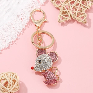 Porte-clés souris dorée avec strass roses pour sacs à main et accessoires auto