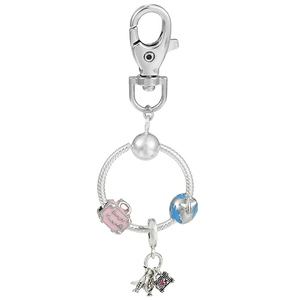 Detail view of airplane travel pendants with pink suitcase and globe on silver keyring