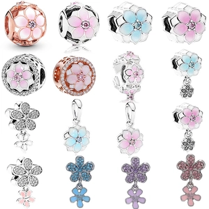 Floral Magnolia Flower Beads DIY Bracelet Charms Alloy Enamel Rhinestone Sakura Daisy Beads For Jewelry Making Women Accessories