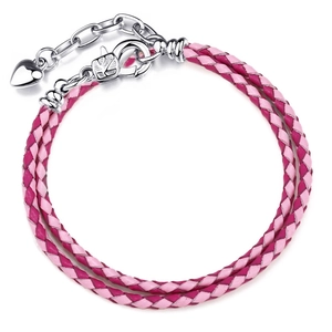 Dubbel gewikkelde roze gevlochten leren armband met hartbedel en karabijnsluiting