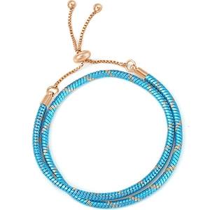 Blue double-wrap bracelet with rose gold bolo slider clasp on a clean white background