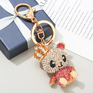 Porte-clés panda doré avec couronne et strass brillants pour sacs à main femme