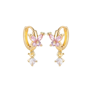 Boucles d'oreilles créoles papillon plaquées or 18 carats avec zircons roses et cristal