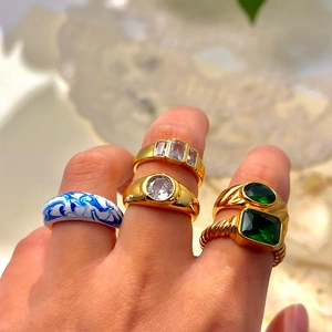 Bague Vintage Plaqué Or 18K Zircon Carré Femmes Émail Bleu Blanc Motif Marbré Bague Géométrique Bijoux