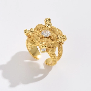 Vintage 18K Verguld Koperen Ring Voor Vrouwen Zirkonia Ingelegd Verstelbaar Open Esthetische Sieraden Ring Cadeau