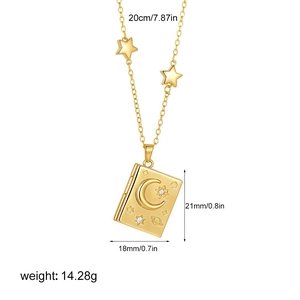 Detail of 18K gold book locket pendant with celestial moon star engravings and dimensions