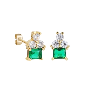 Detail of 18K gold earring featuring emerald-cut green zircon and triangle zircon accents