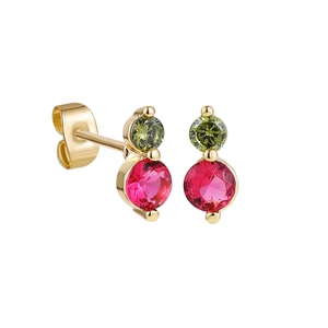 Detail view of 18K gold earrings featuring small green and large red cubic zirconia stones