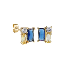 Macro view of 18K gold earrings with blue rectangular and yellow marquise zircon stones