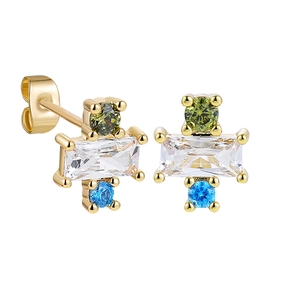 Detail view of 18K gold earrings with square white zircon and colorful accent stones