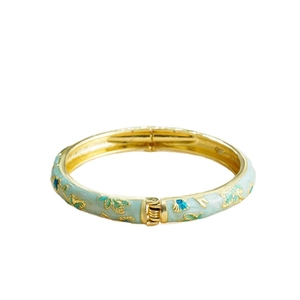 14K gold plated spring cuff bracelet with blue enamel floral cloisonne design