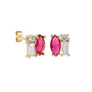 Close-up of 18K gold stud earrings with marquise red zircon and rectangular white crystal