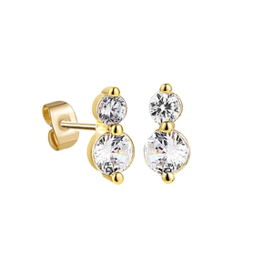 Detailed macro shot of 18K gold earrings with vertical double round cubic zirconia stones