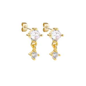 Detail of 18K gold plated square zircon earrings with two-tier drop design and butterfly back