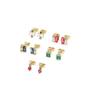 Set of five 18K gold plated stud earrings with colorful square and teardrop zircon stones
