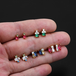 18K gold plated stud earrings set with colorful square and teardrop cubic zirconia