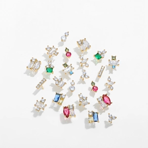 18K gold plated colorful zircon stud earrings set featuring square and drop geometric shapes